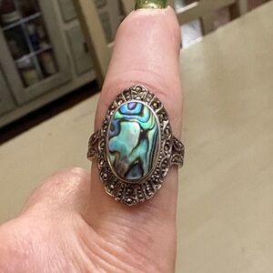 Vintage abalone shell Marcasite sterling silver ring
